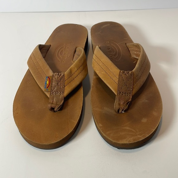 Rainbow Shoes - Rainbow women’s brown leather flip flops